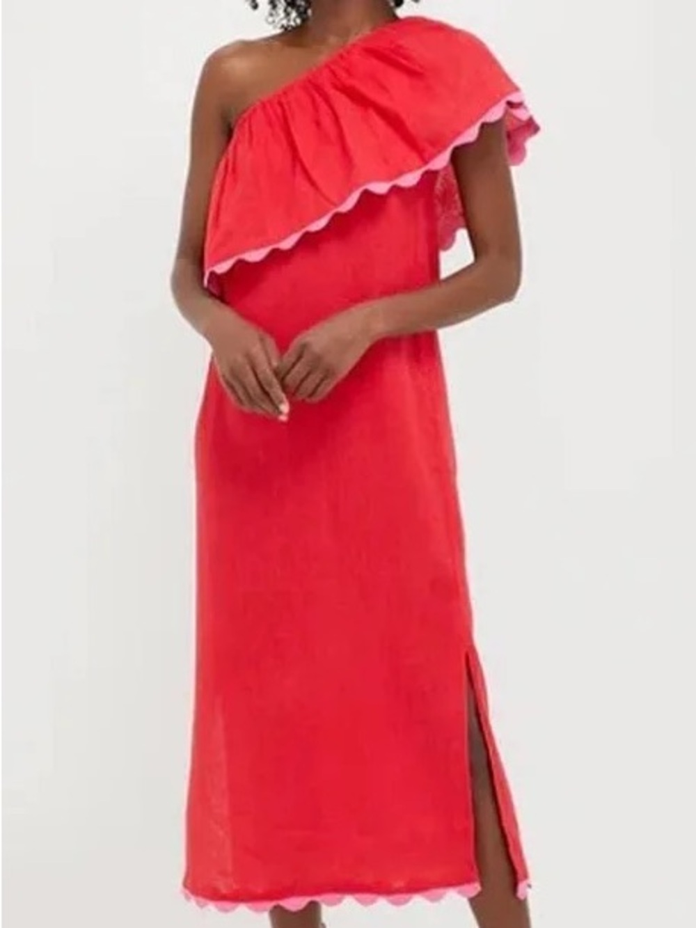 Tuckernuck Hibiscus Red Linen Amalfi One-Shoulder Ruffle Midi Dress NWT